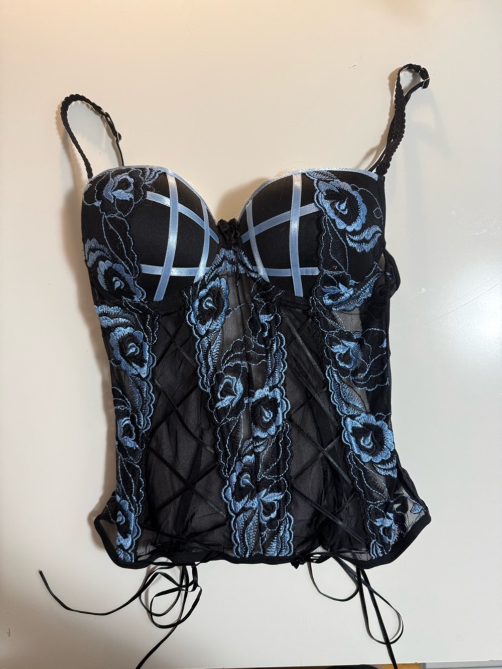Whimsigoth | Sheer Floral Lace Corset in Black and Blue | Small - Picture 5 of 5